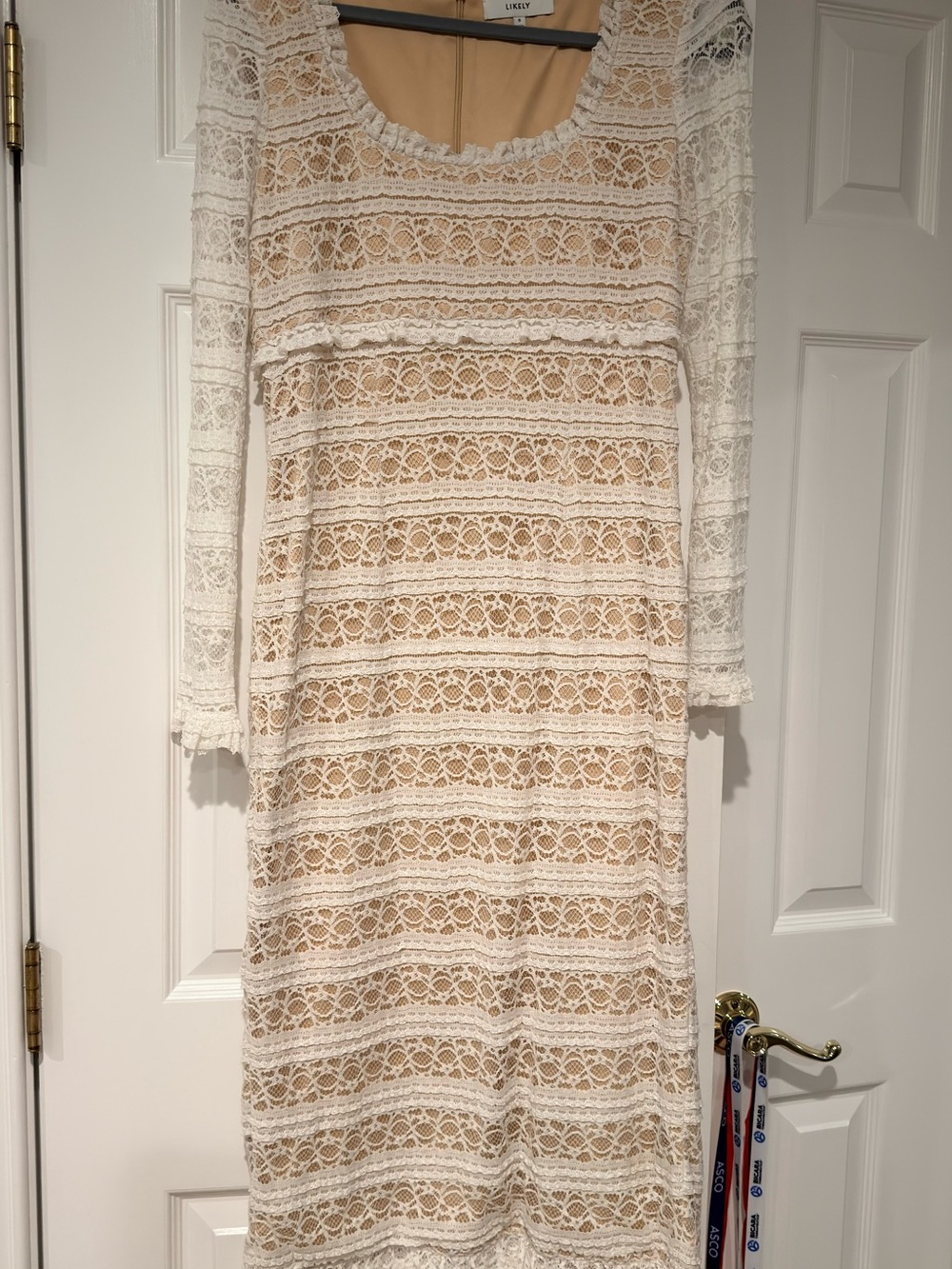 Likely Lace Overlay Long Sleeve Dress in Ivory and Nude